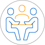 Equity Exterior circle outline with an interior outline of 3 people seating at a table