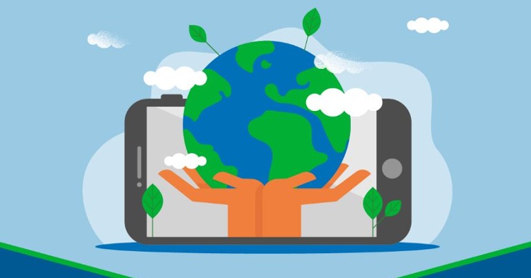 Animated image of cell phone with image on phone of hands holding a globe