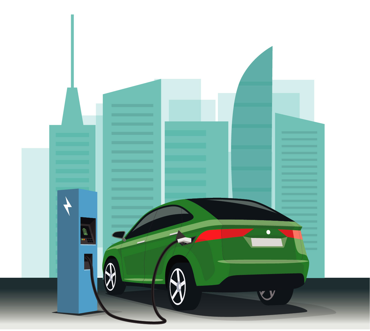 green electric vehicle charging with city backdrop